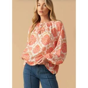 Flying Tomato Floral Boho Blouse Peach Coral Romantic Cottagecore Top M